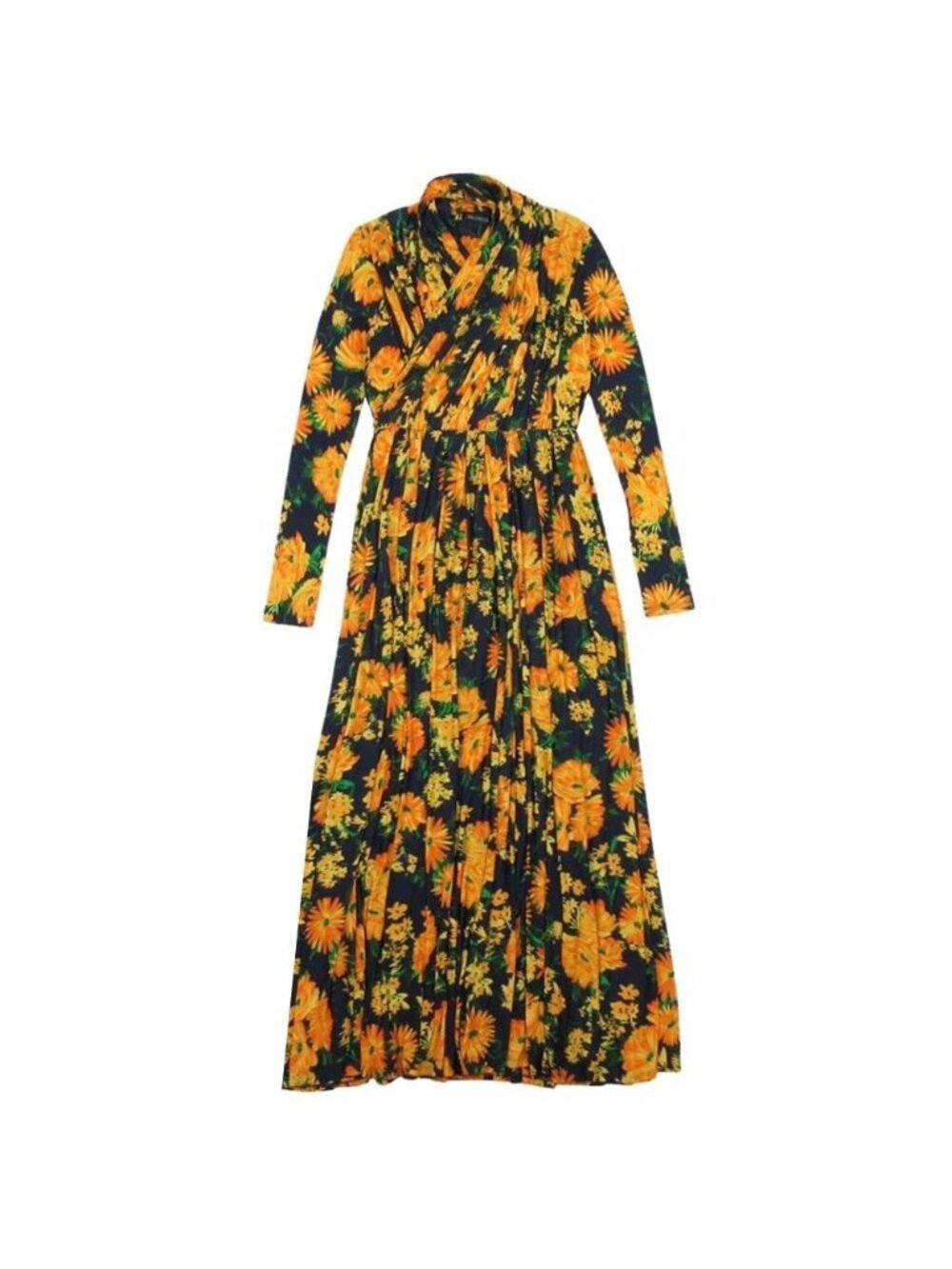 Balenciaga Rayon Stretch Floral Maxi Dress Pattern Navy Orange 34